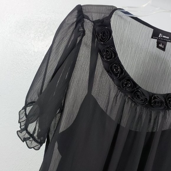 B Wear Women's Black Sheer Floral Short Sleeve Blouse Shirt Tank Top 1 Piece Set - Picture 3 of 14